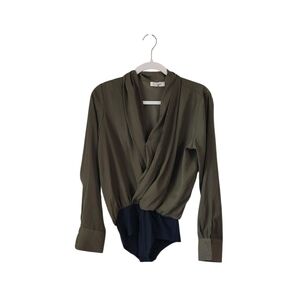 Elan Olive and Navy Wrap Bodysuit